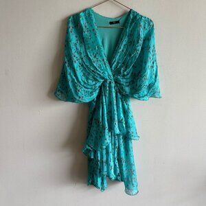 NT Women Lantern Sleeve Front Twist Style Floral Print Dress Green Size Small